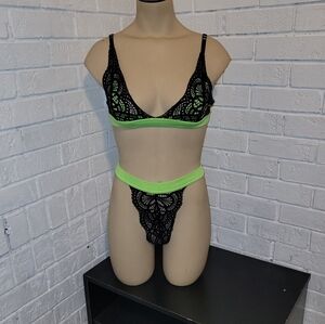 Neon Green & Black Lace Bralette and High-Cut Thong Lingerie Set - Size XS